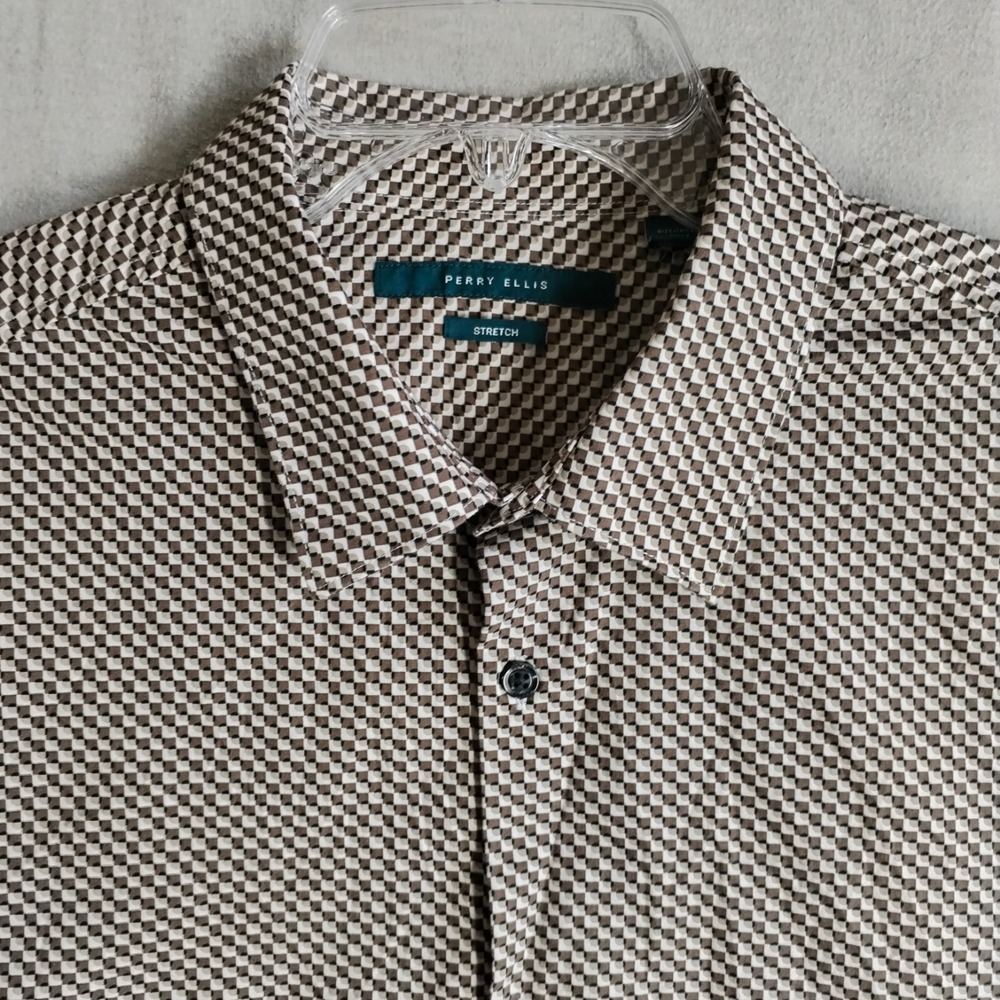 Perry Ellis Mens XLT Tall Shirt Brown White Geometric Long Sleeve Stretch